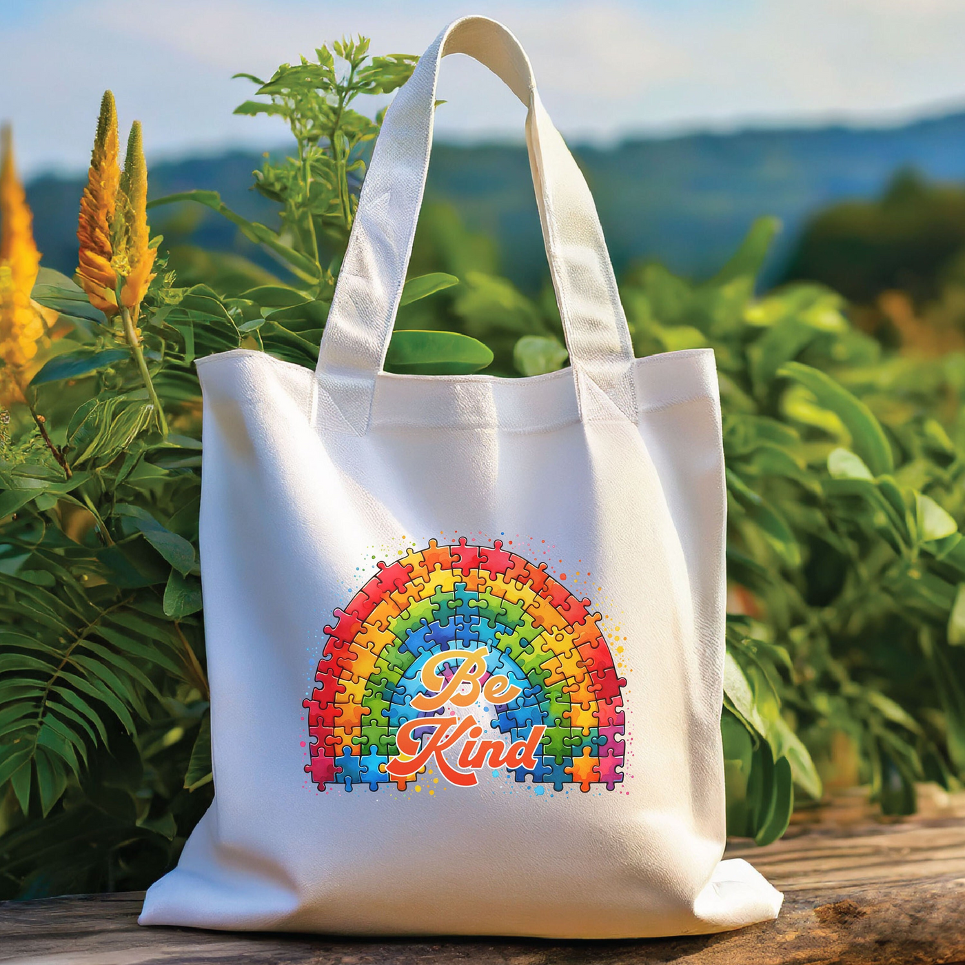 a white bag with a rainbow design on it