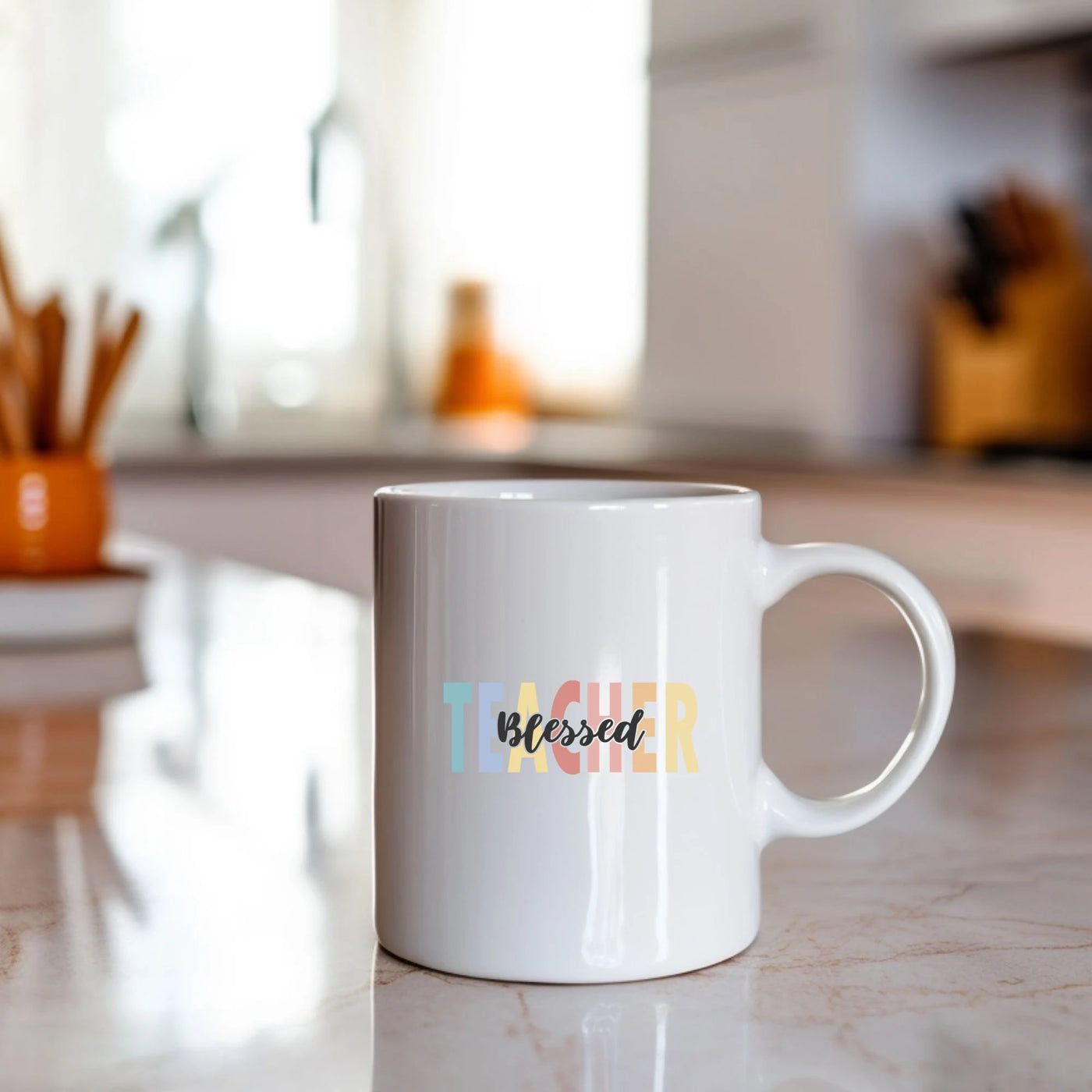 a white coffee mug sitting on top of a counter