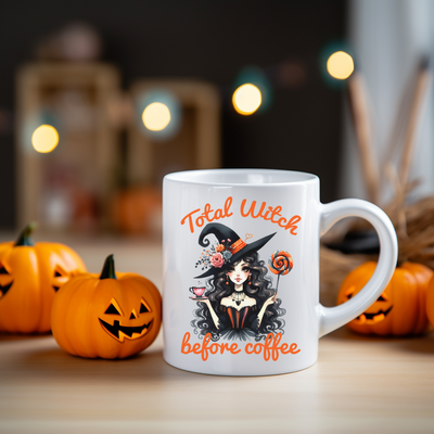 a white coffee mug with a witch on it