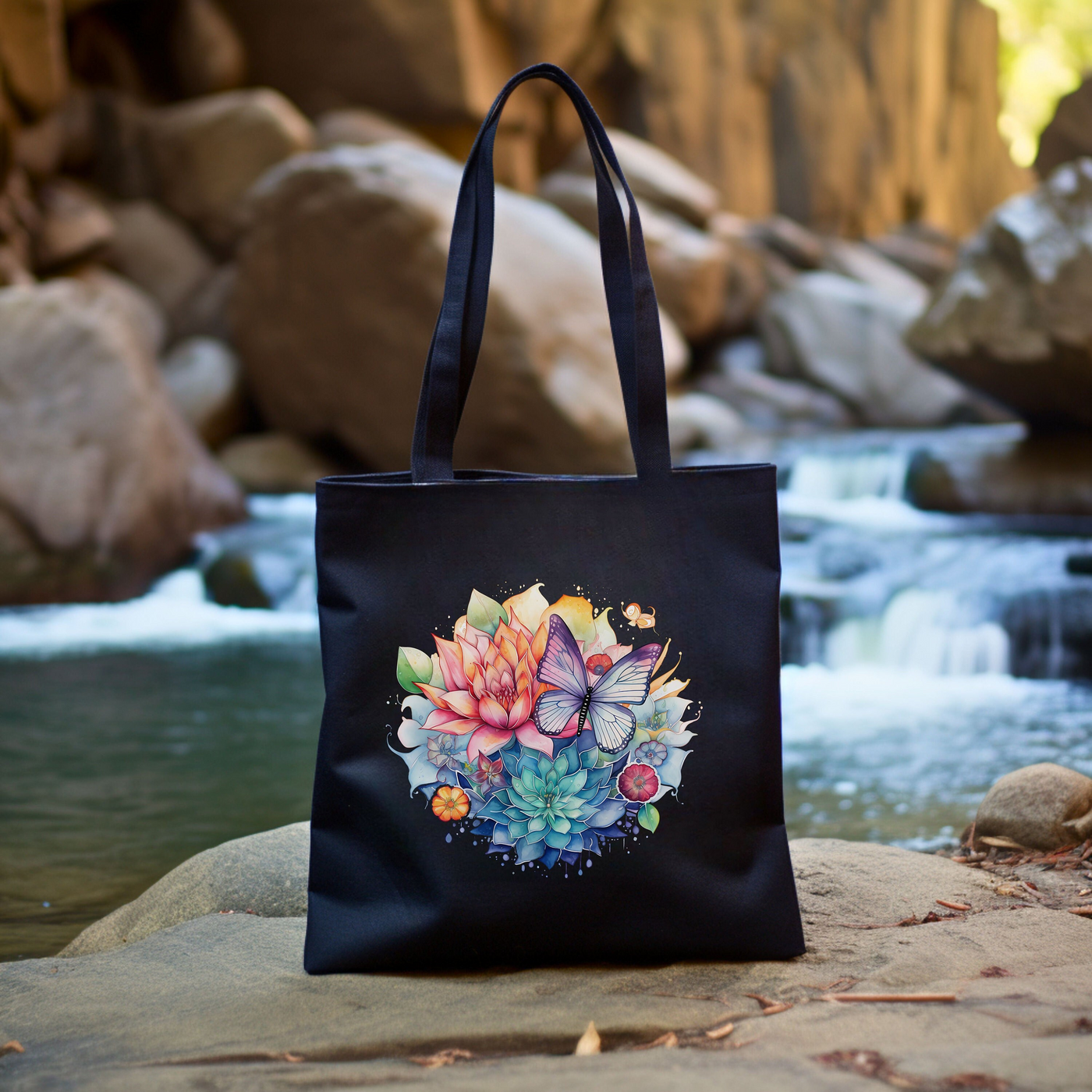 a black bag with a picture of flowers on it