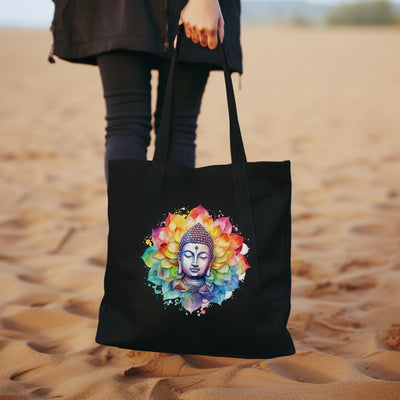 a woman carrying a black bag with a buddha image on it