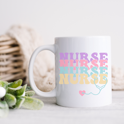 a white coffee mug with nurse written on it