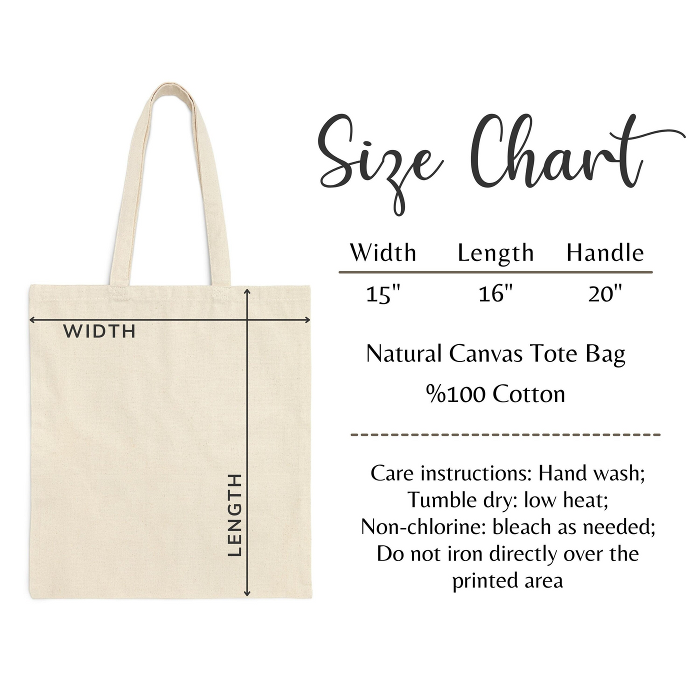 the size chart for a natural canvas tote bag