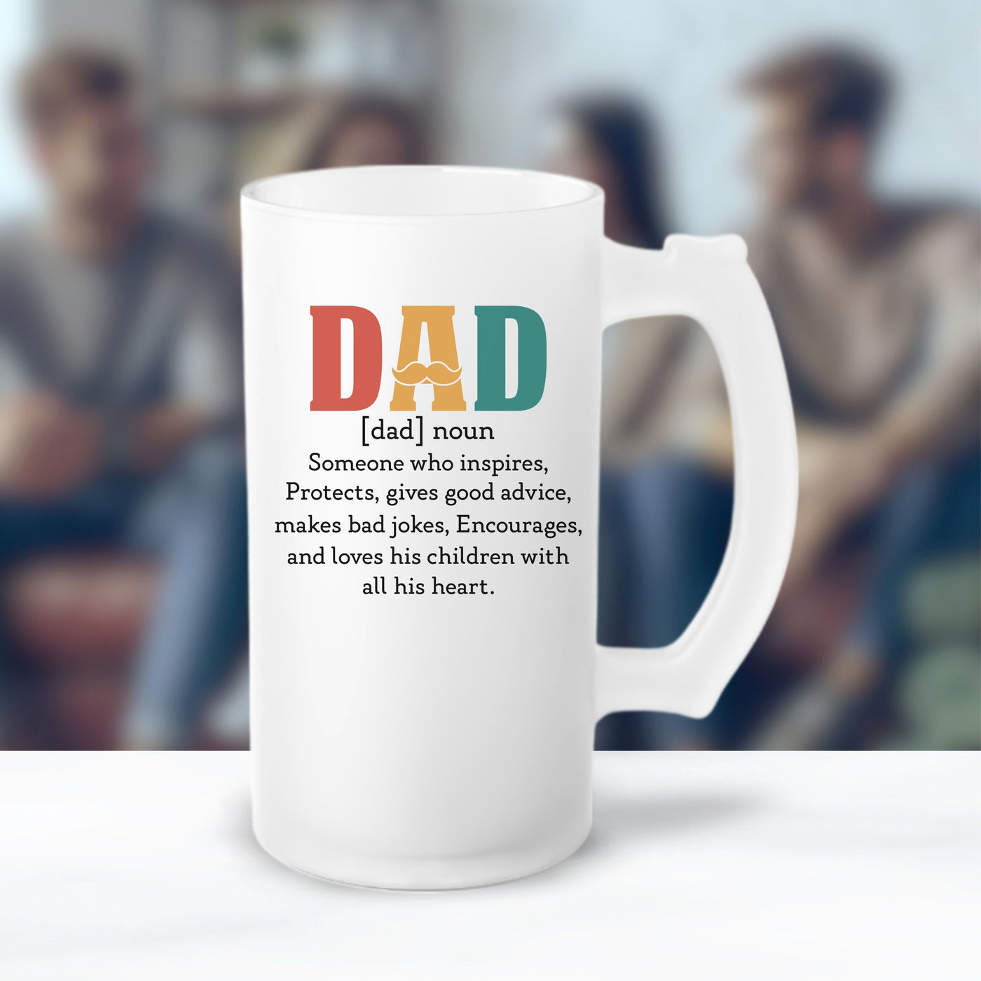 a white coffee mug with the words dad on it