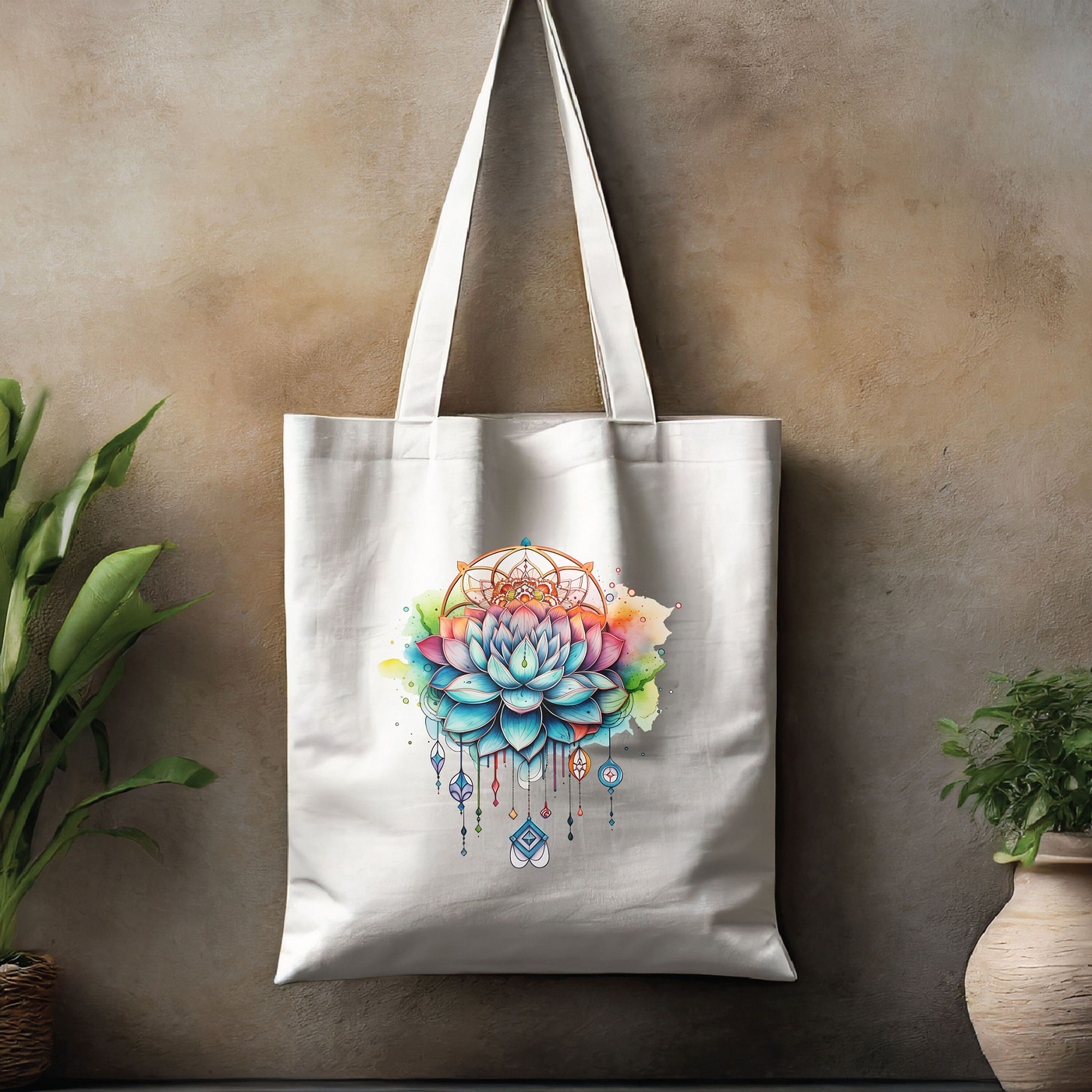 a white tote bag hanging on a wall next to a potted plant