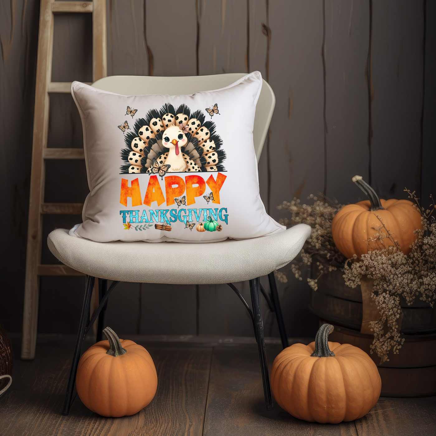 a happy thanksgiving pillow sitting on a chair