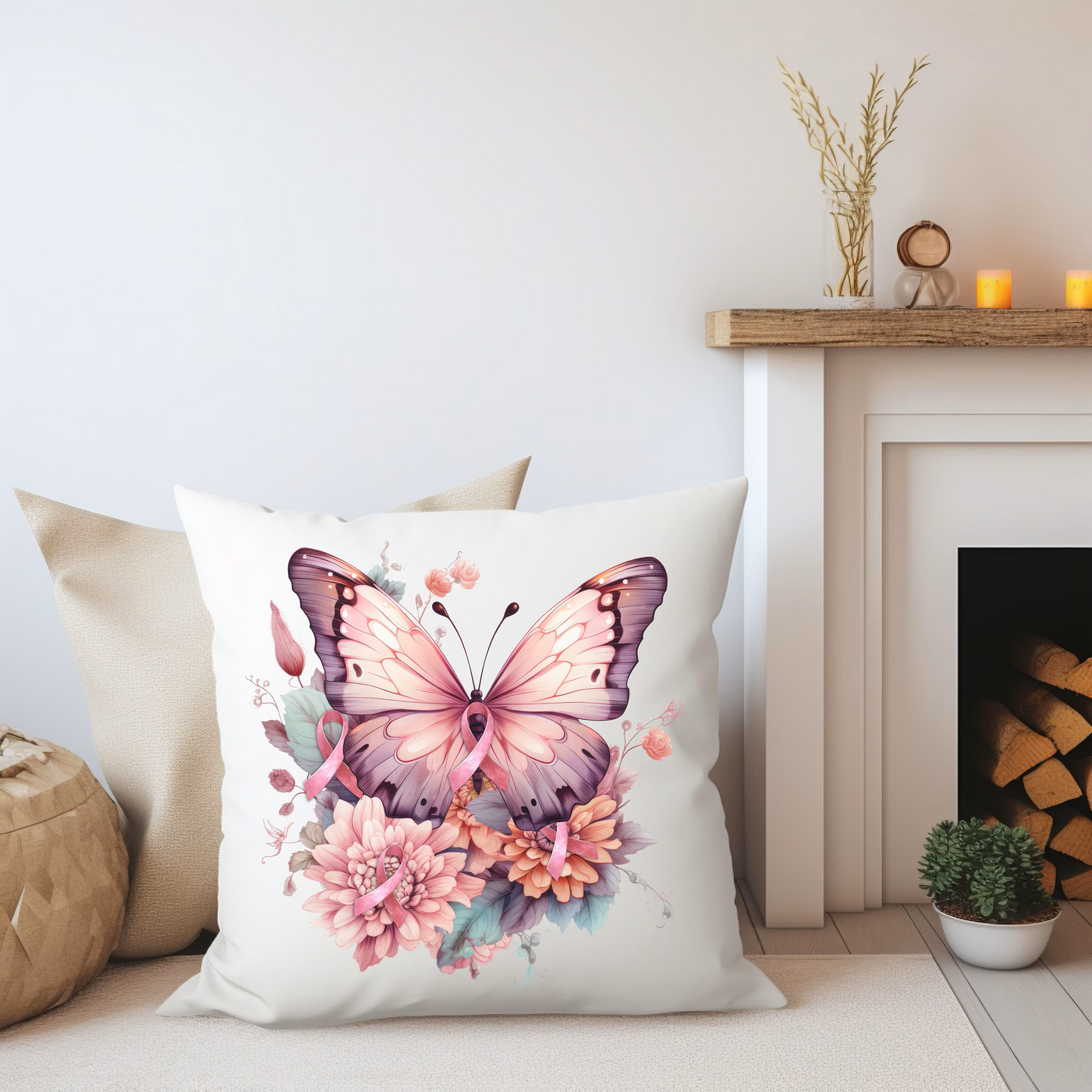 a white pillow with a pink butterfly on it