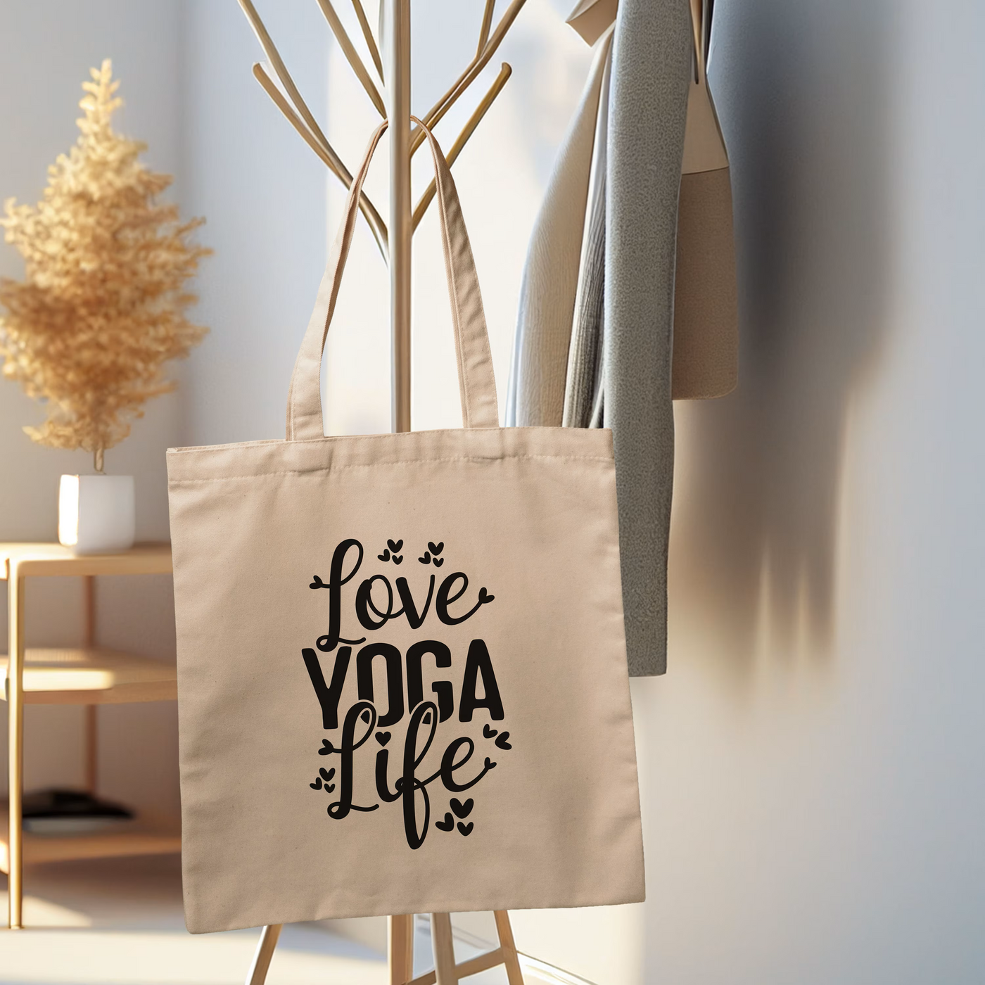 a tote bag that says love yoga life