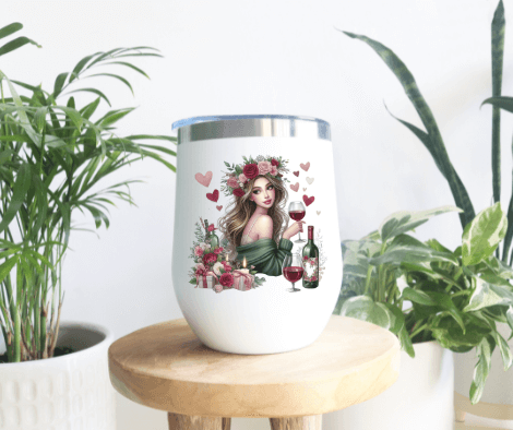 a white cup with a picture of a woman holding a glass of wine