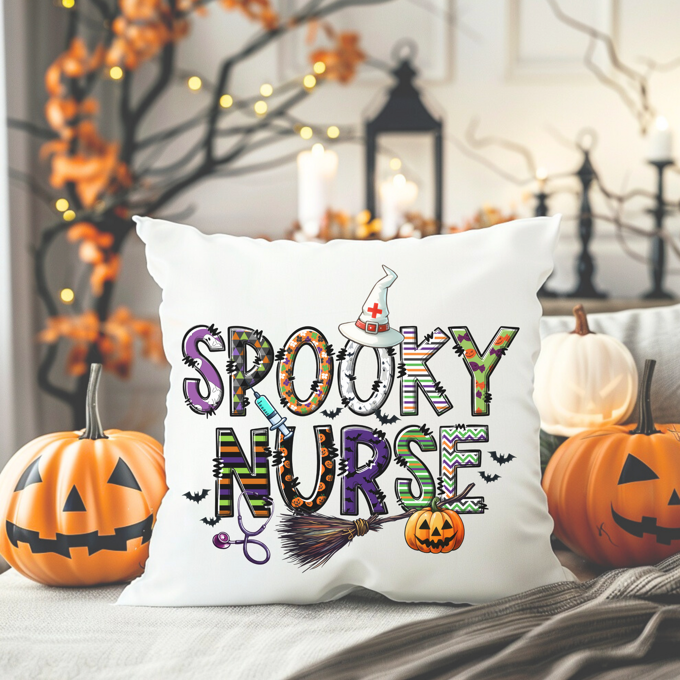 a pillow that says spooky nurse on it