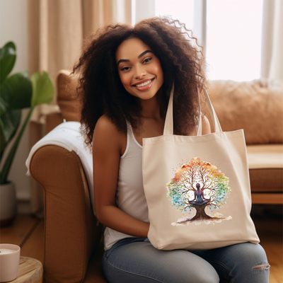 a woman sitting on a couch holding a tote bag