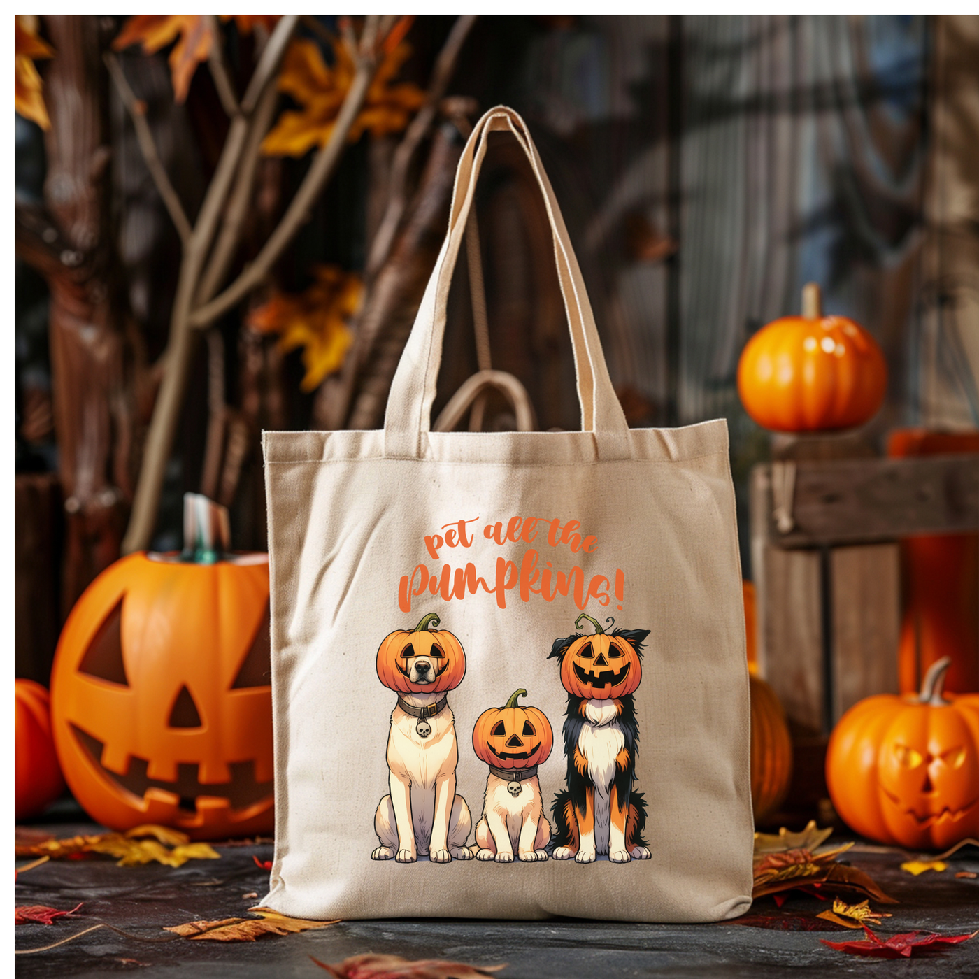 a tote bag with three dogs wearing pumpkins