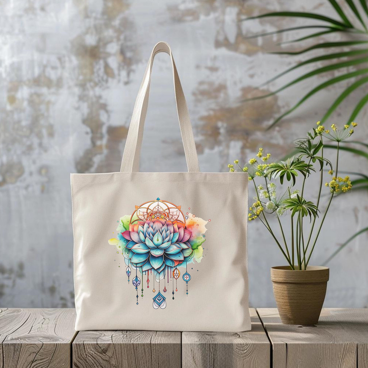 a tote bag sitting on a table next to a potted plant