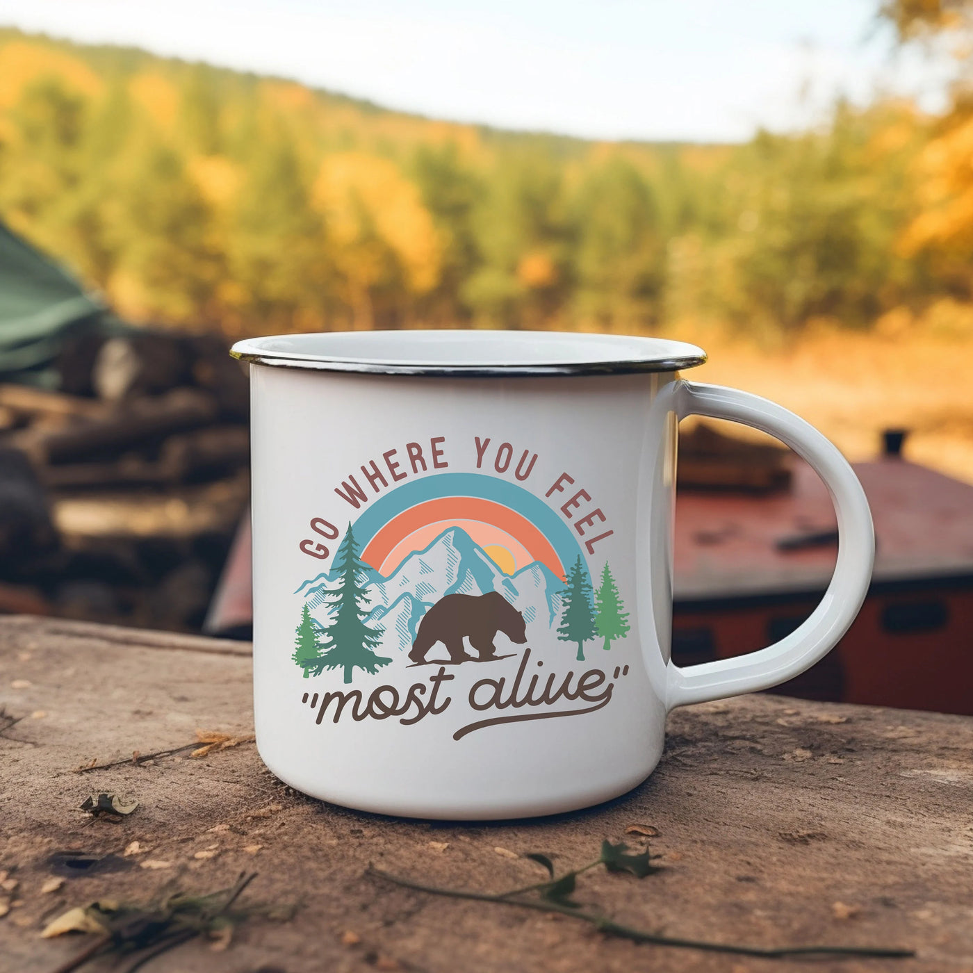 a white coffee mug sitting on top of a wooden table