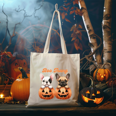 a bag with two dogs on it sitting next to pumpkins