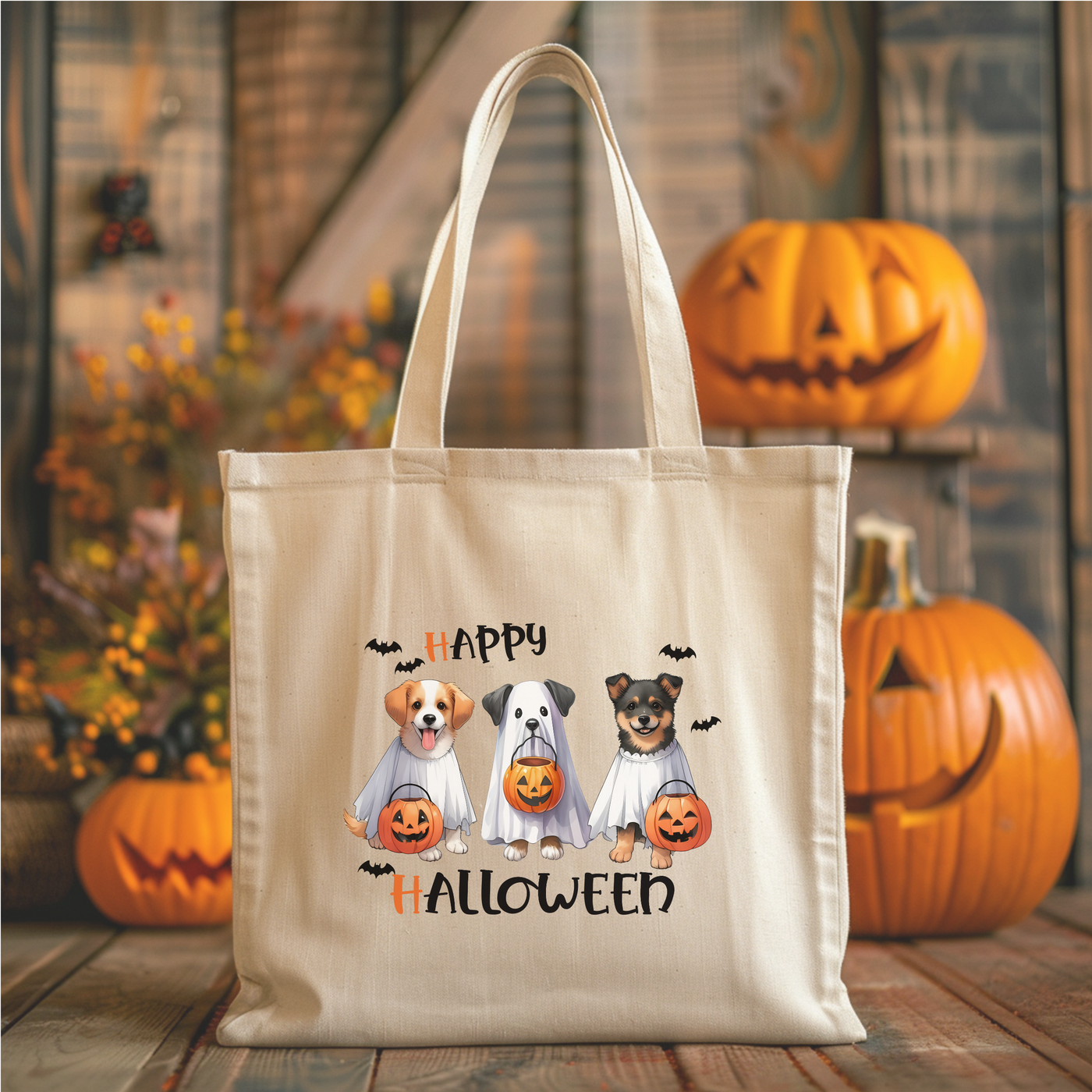 a trick or treat bag with three dogs on it