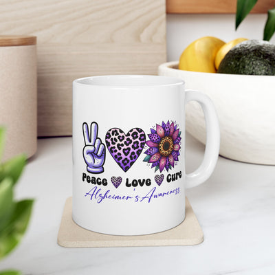 Peace Love and Cure Alzheimer's Awareness Ceramic Mug - Perfect for Gifts and Support - Pillow & Mug Co.