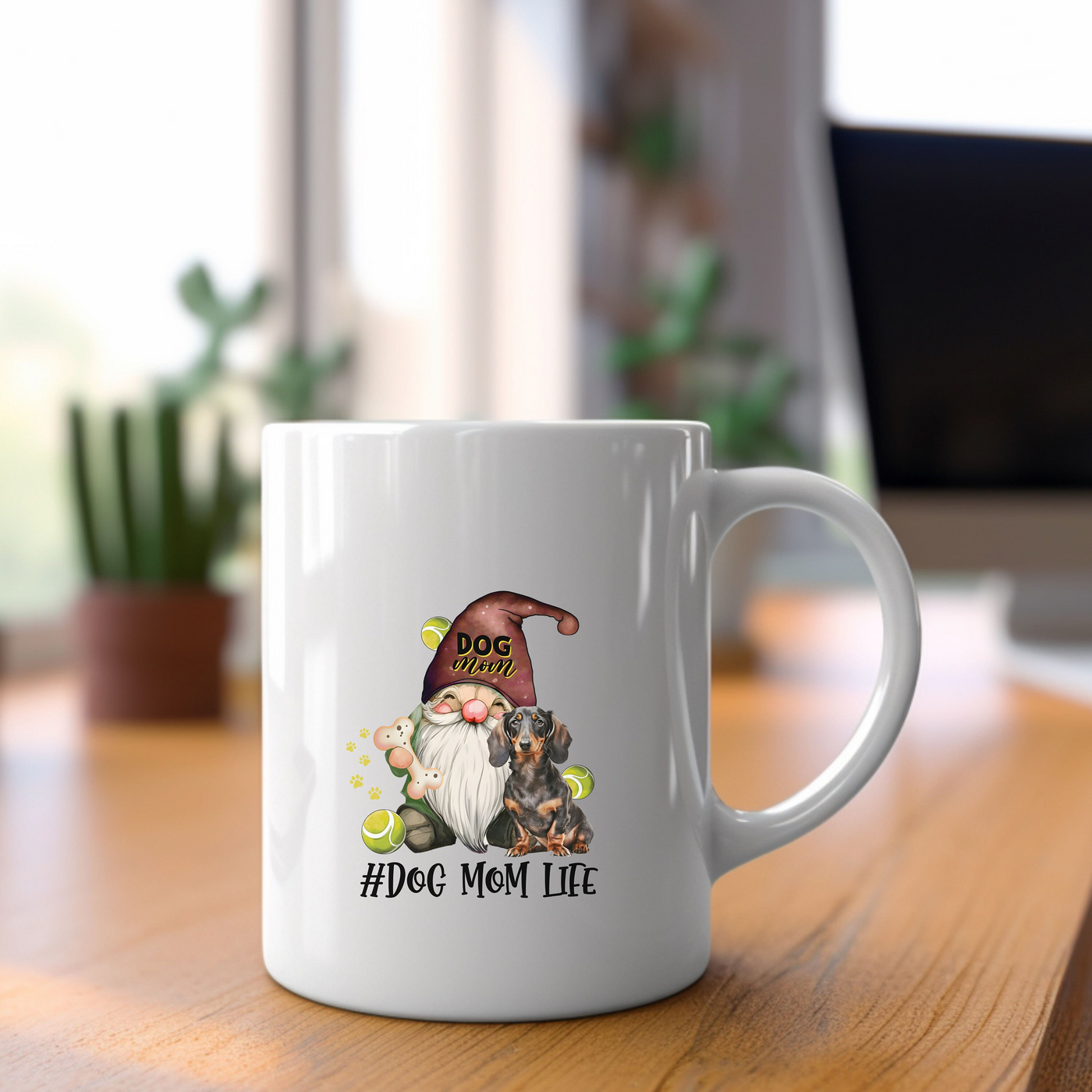 a white coffee mug with a gnome on it