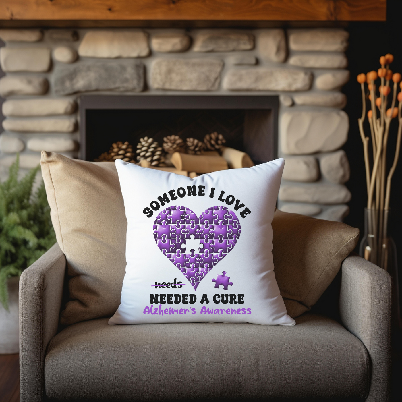 someone i love needs a cure pillow on a chair