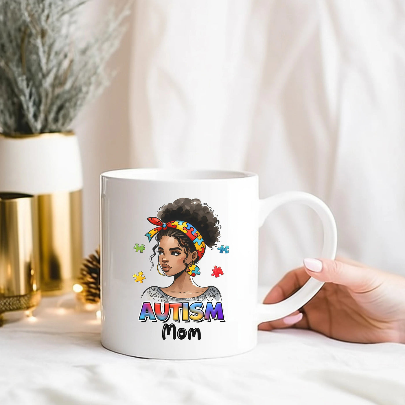 a woman holding a coffee mug with a picture of a woman on it