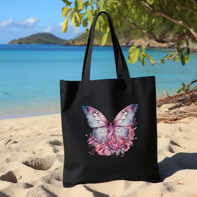 a black bag with a pink butterfly on it