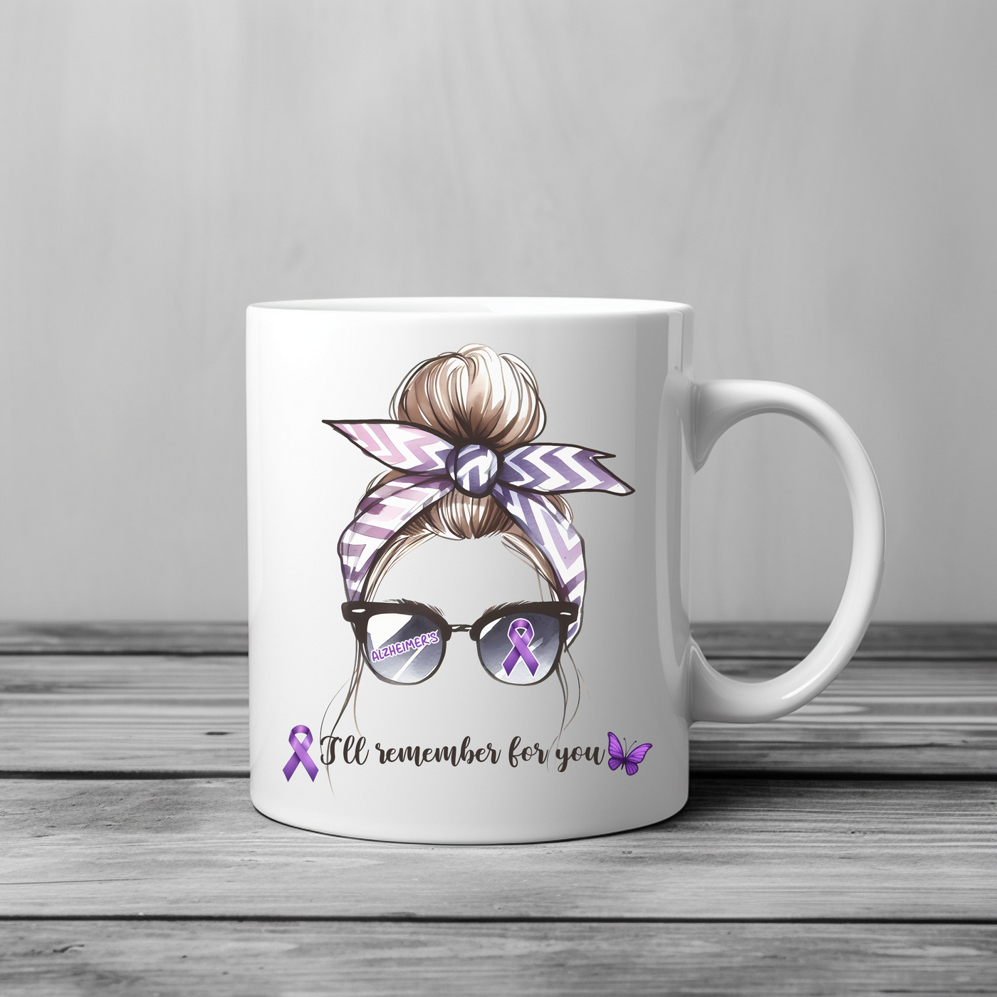 a coffee mug with a picture of a woman wearing sunglasses