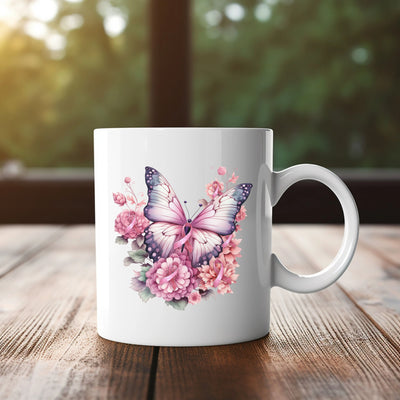 a coffee mug with a picture of a butterfly on it