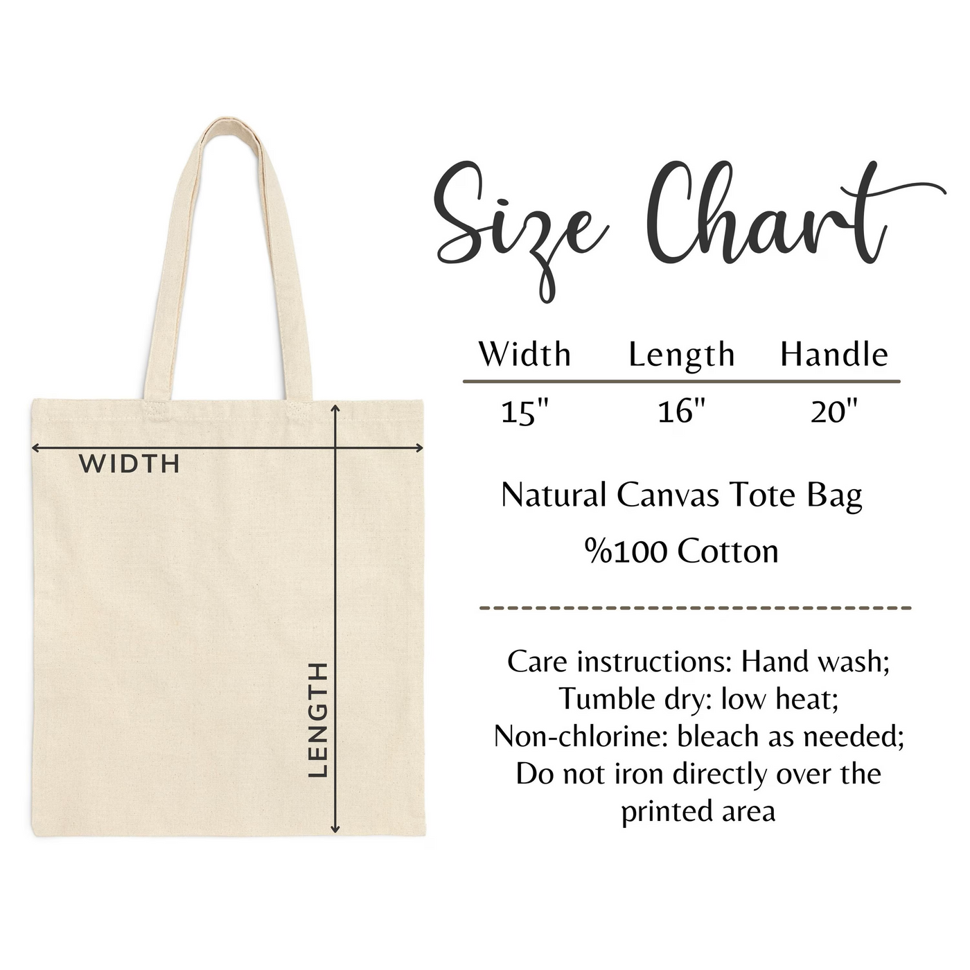 a natural canvas tote bag with a size chart