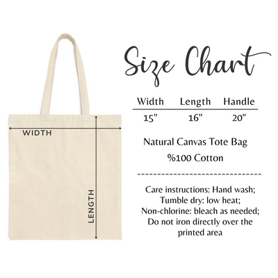 a natural canvas tote bag with a size chart