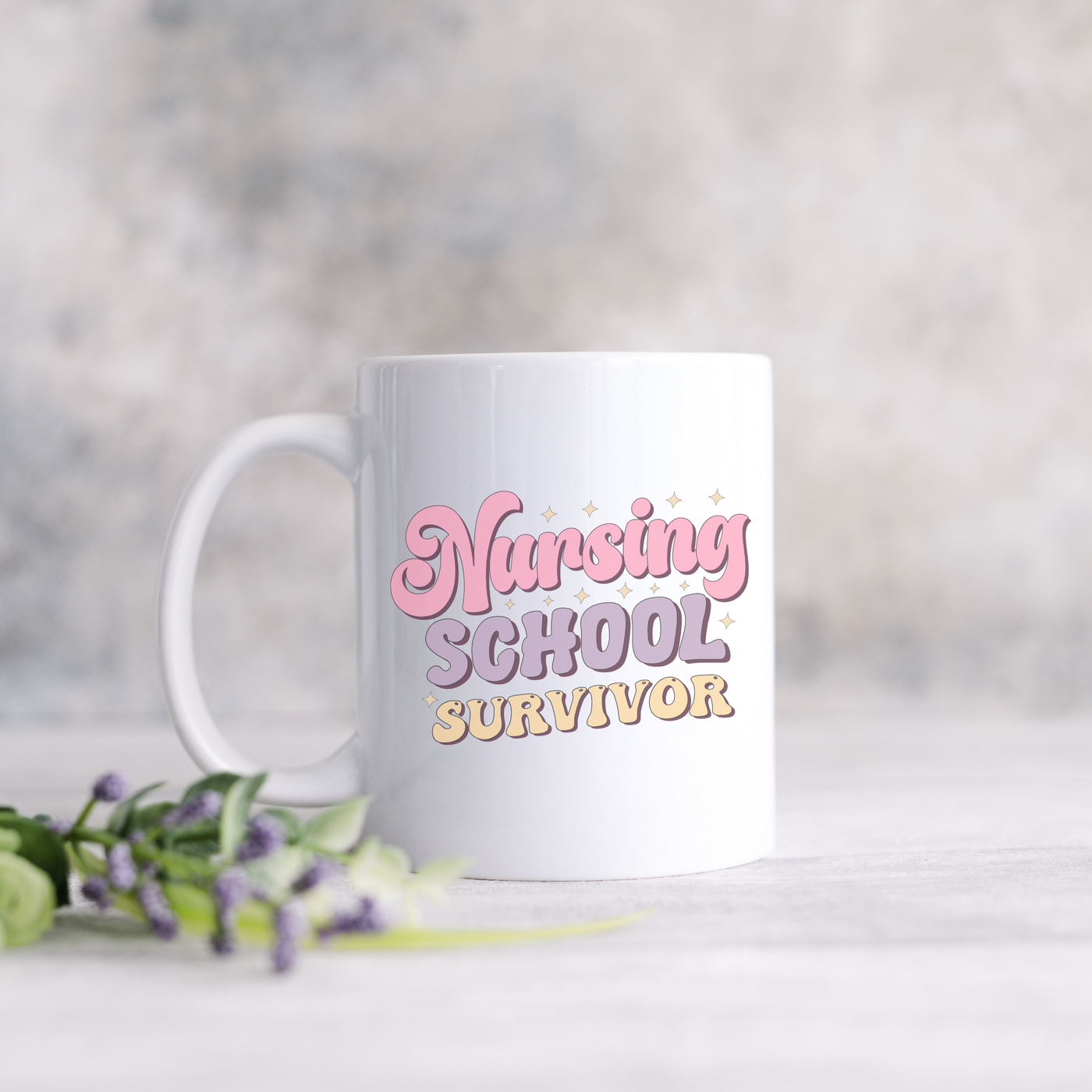 a white coffee mug with the words nursing school survivor on it