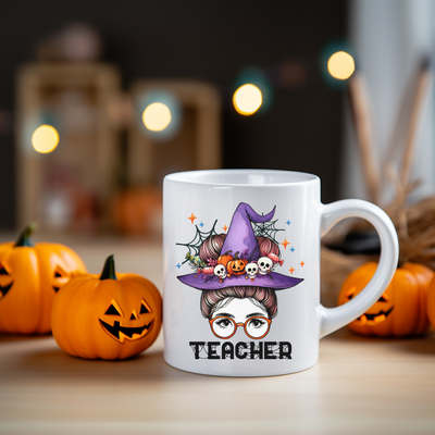 a white coffee mug with a witch on it