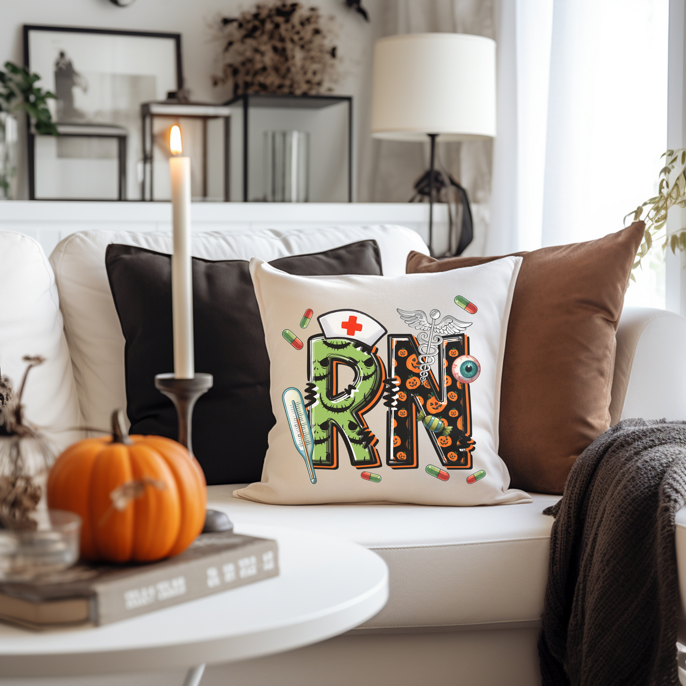 a living room with a white couch and a white coffee table