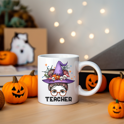 a white coffee mug with a picture of a witch on it