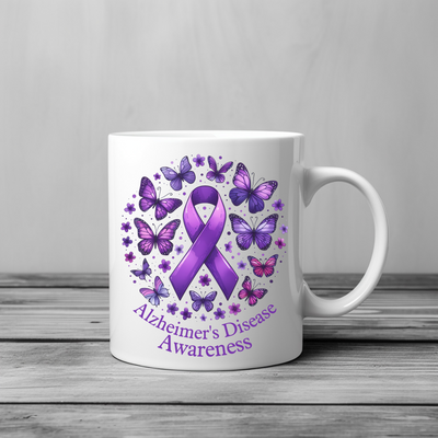 a coffee mug with a purple ribbon and butterflies on it