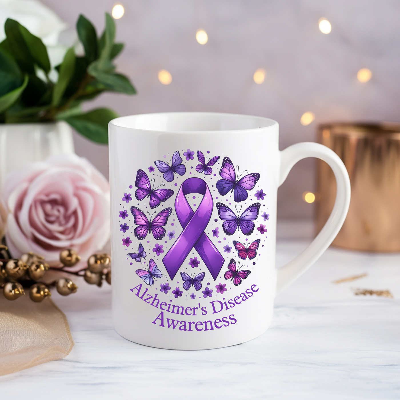 a coffee mug with a purple ribbon on it