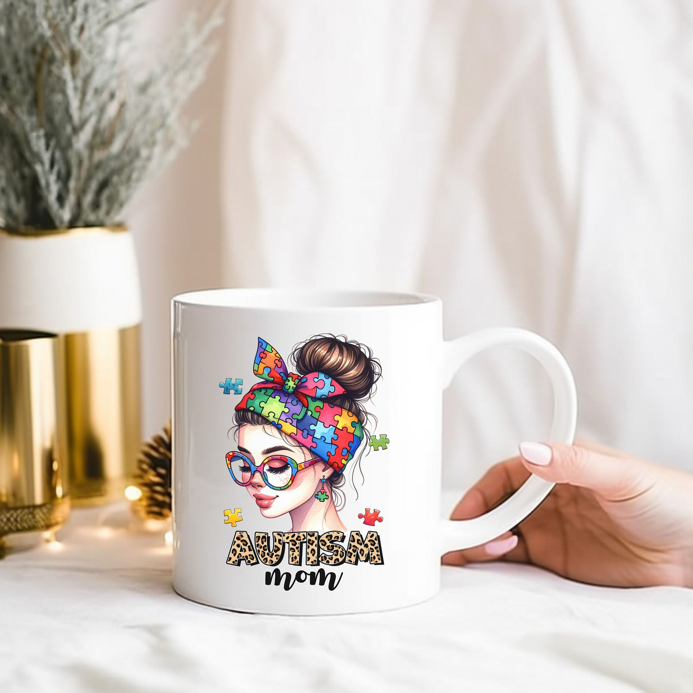 a woman is holding a coffee mug with an image of a woman's face