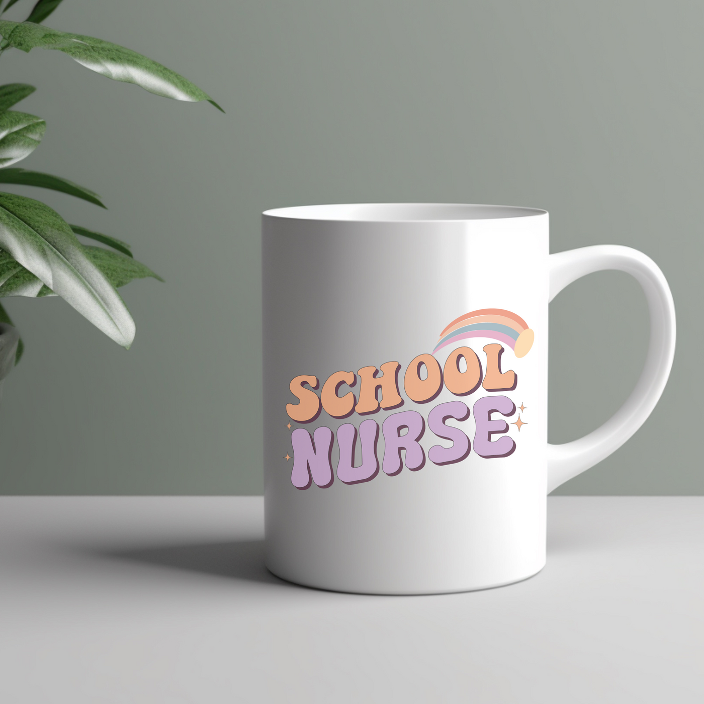 a white coffee mug with the words school nurse on it