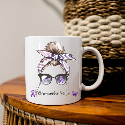 a coffee mug with a picture of a woman wearing glasses