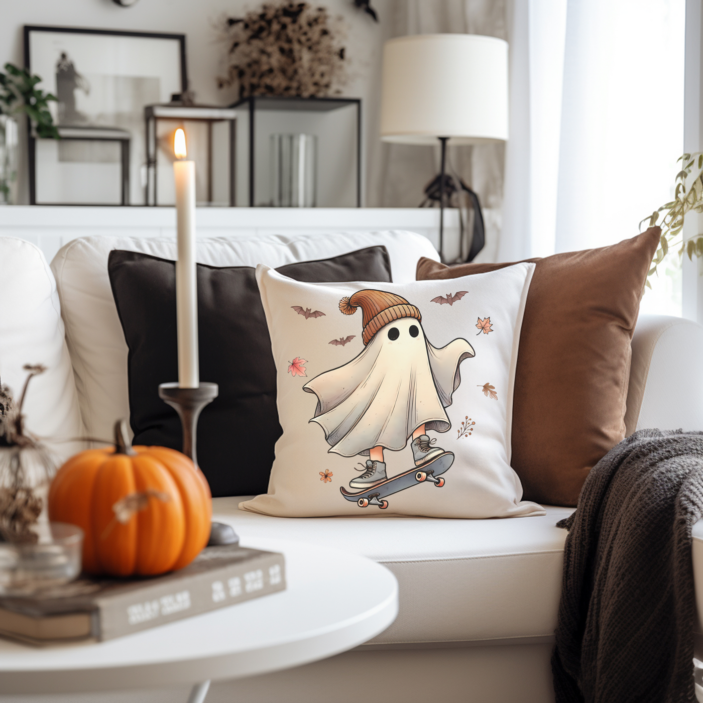 a living room with a white couch and a white coffee table