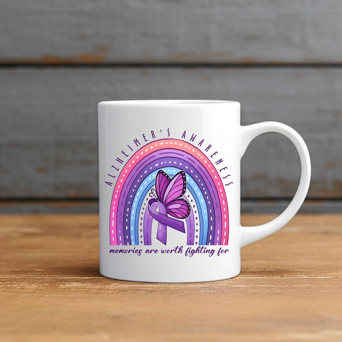 a white coffee mug with a purple butterfly on it