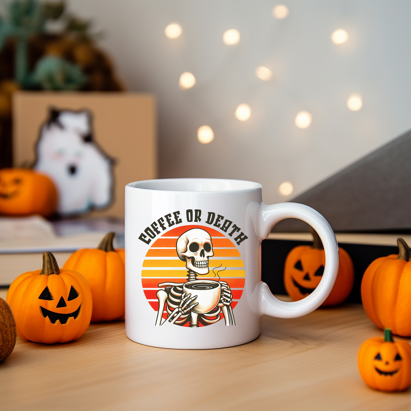 a white coffee mug with a skeleton on it