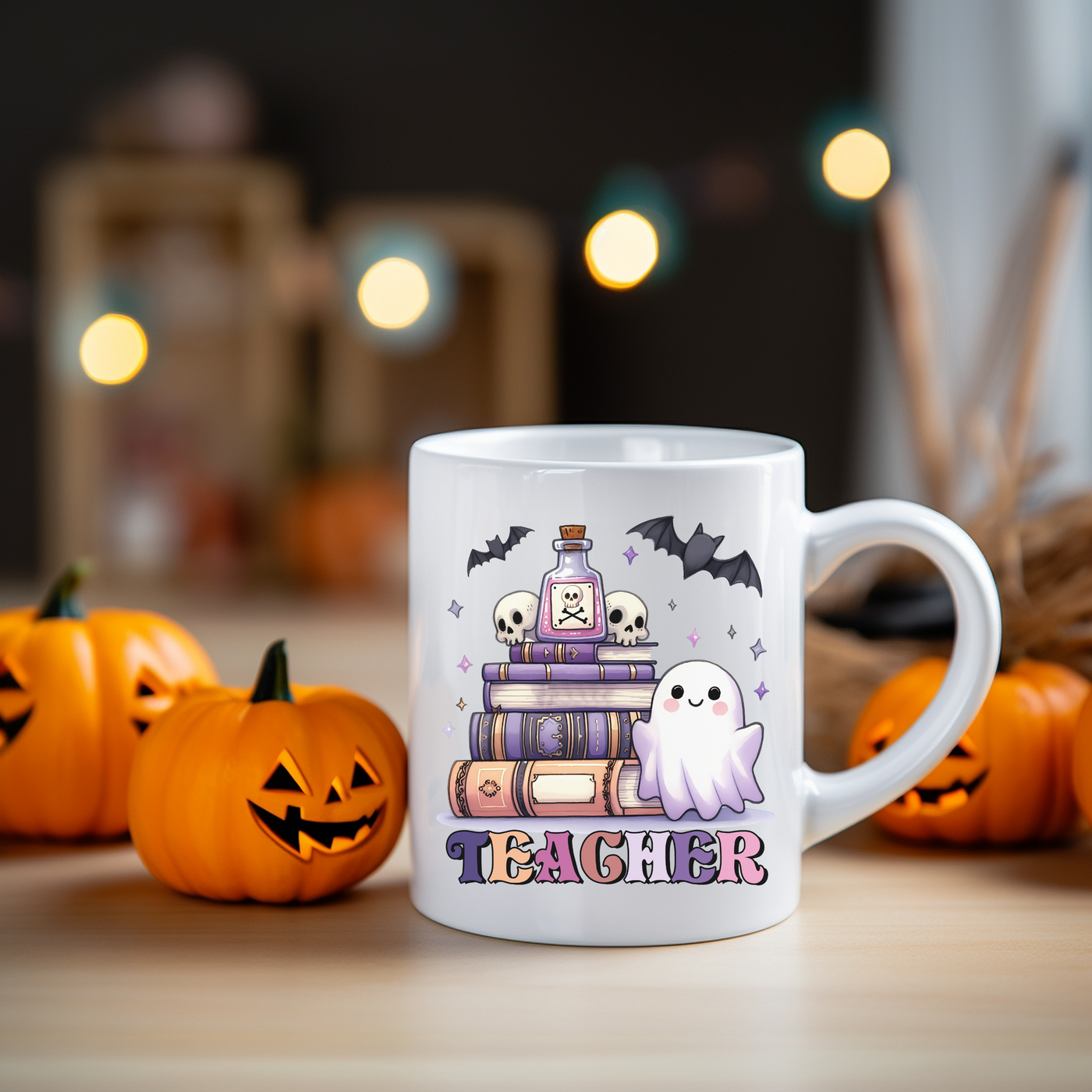 a white coffee mug with a ghost on top of it