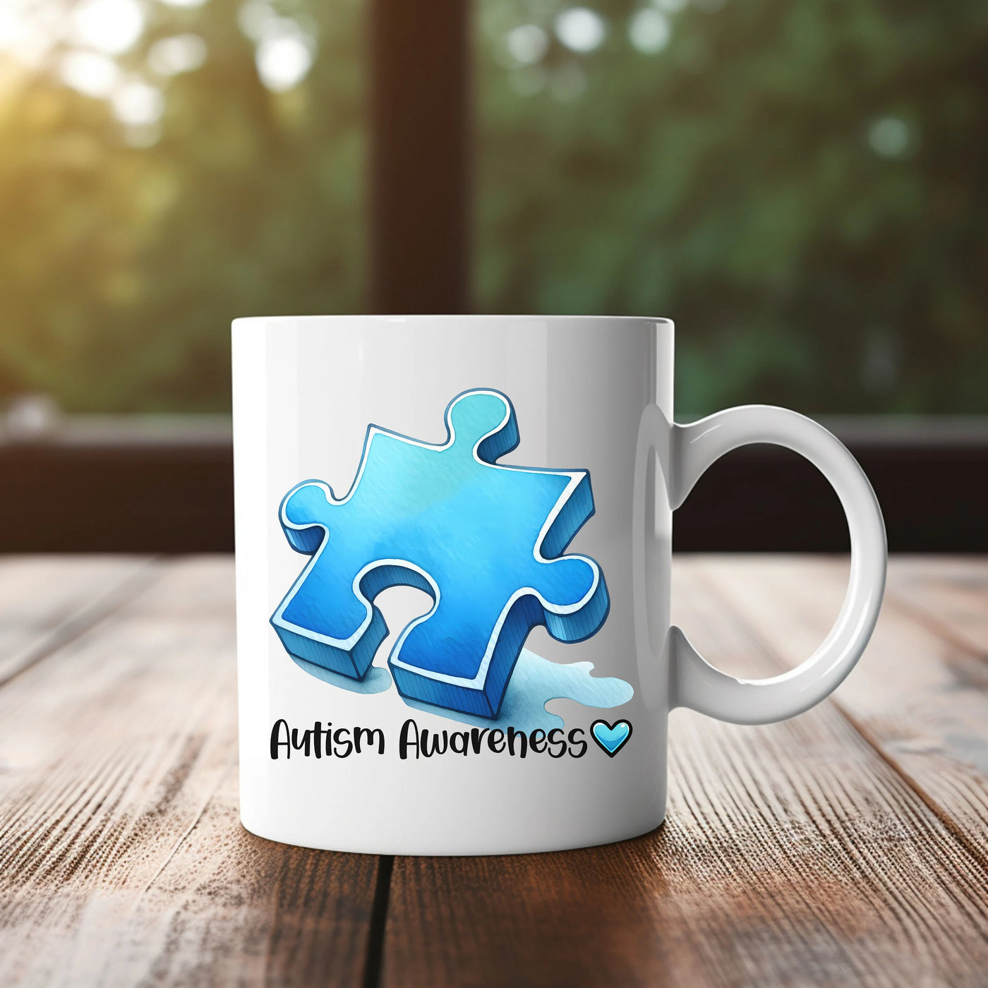 a white coffee mug with a blue puzzle piece on it