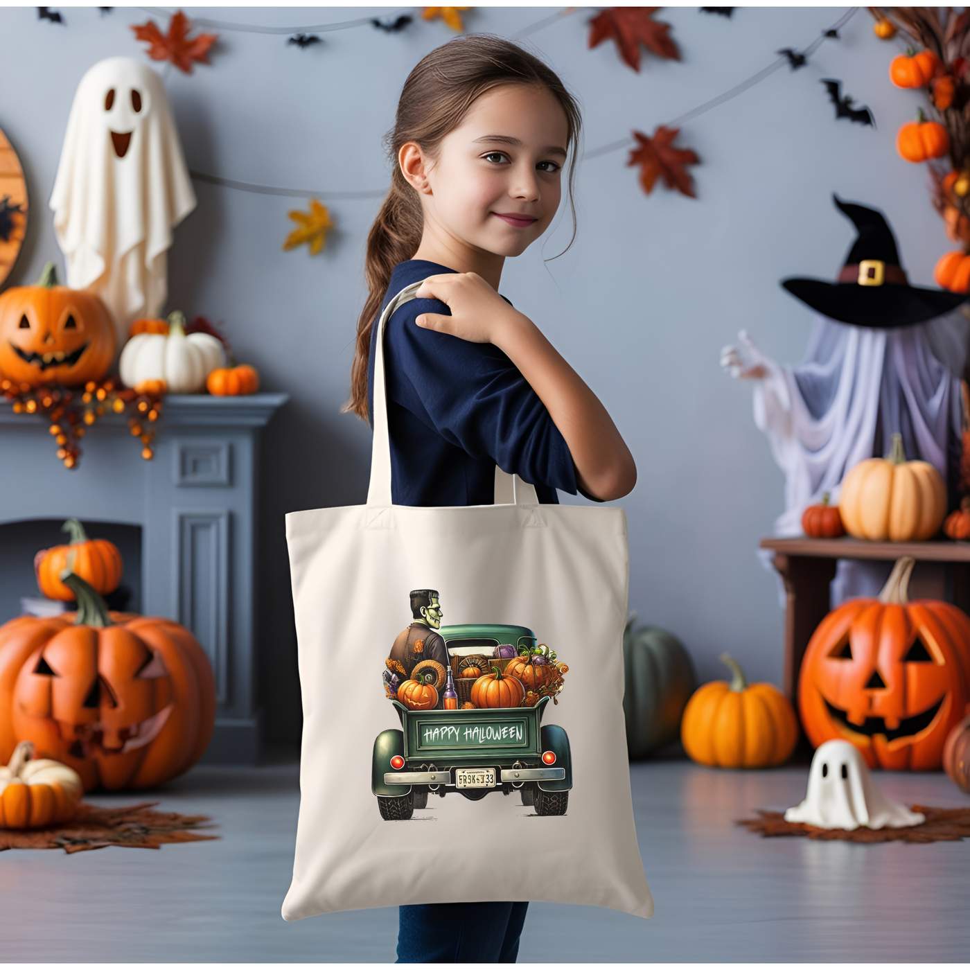 a little girl holding a trick or treat bag