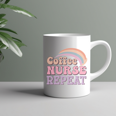 a coffee mug with the words coffee nurse repeat on it