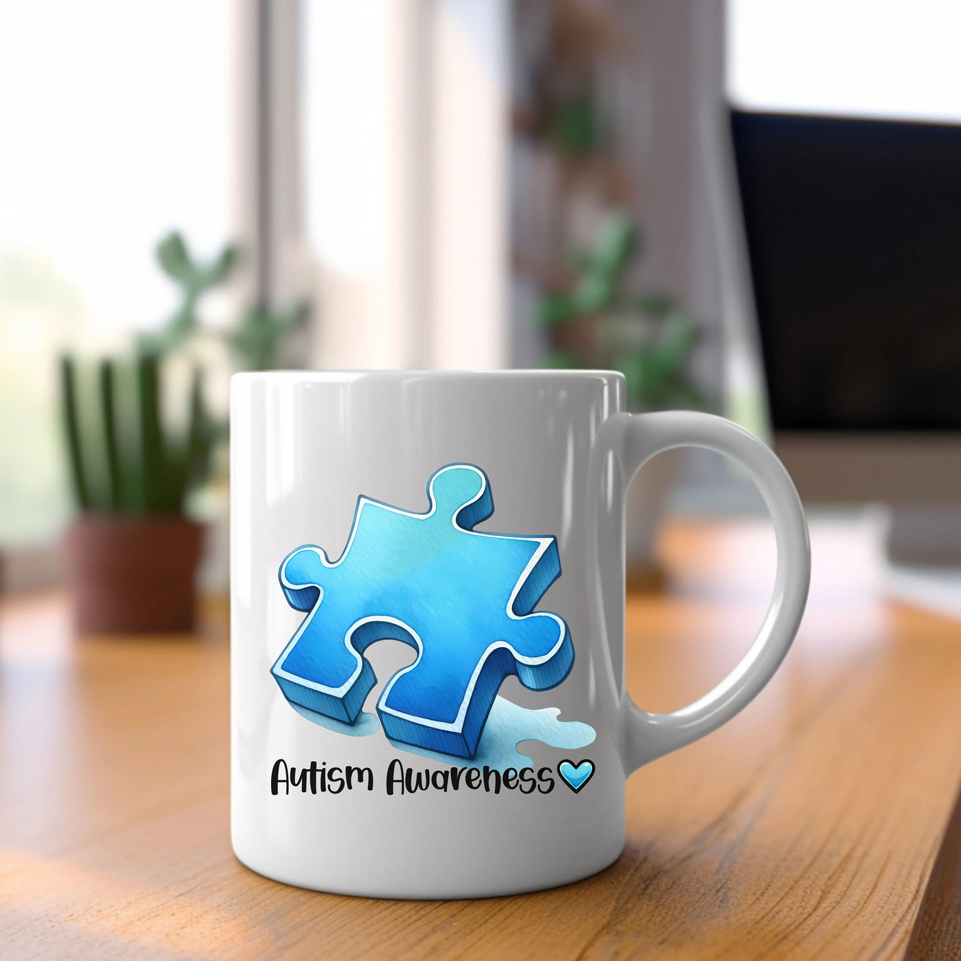 a white coffee mug with a blue puzzle piece on it