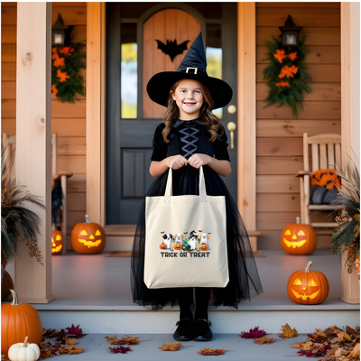 a little girl in a witch costume holding a trick or treat bag