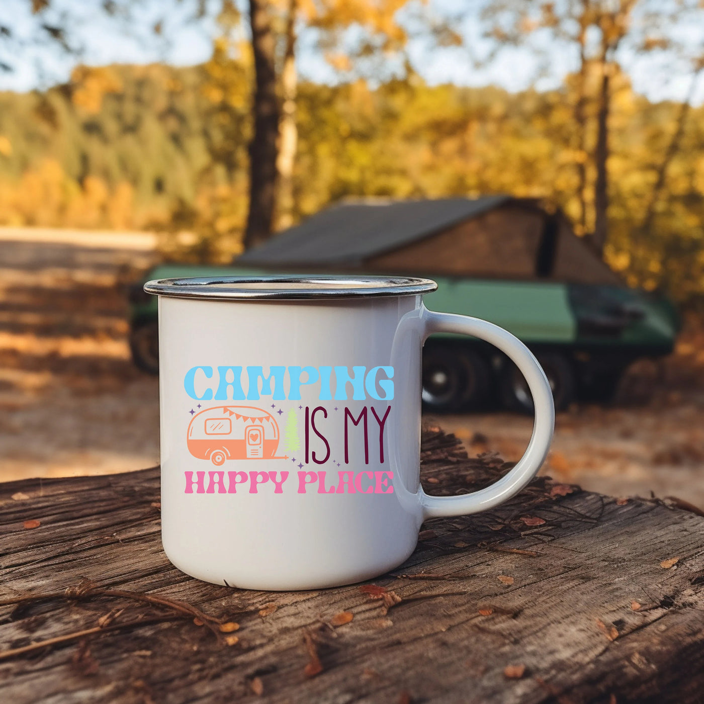 a camper mug sitting on top of a tree stump