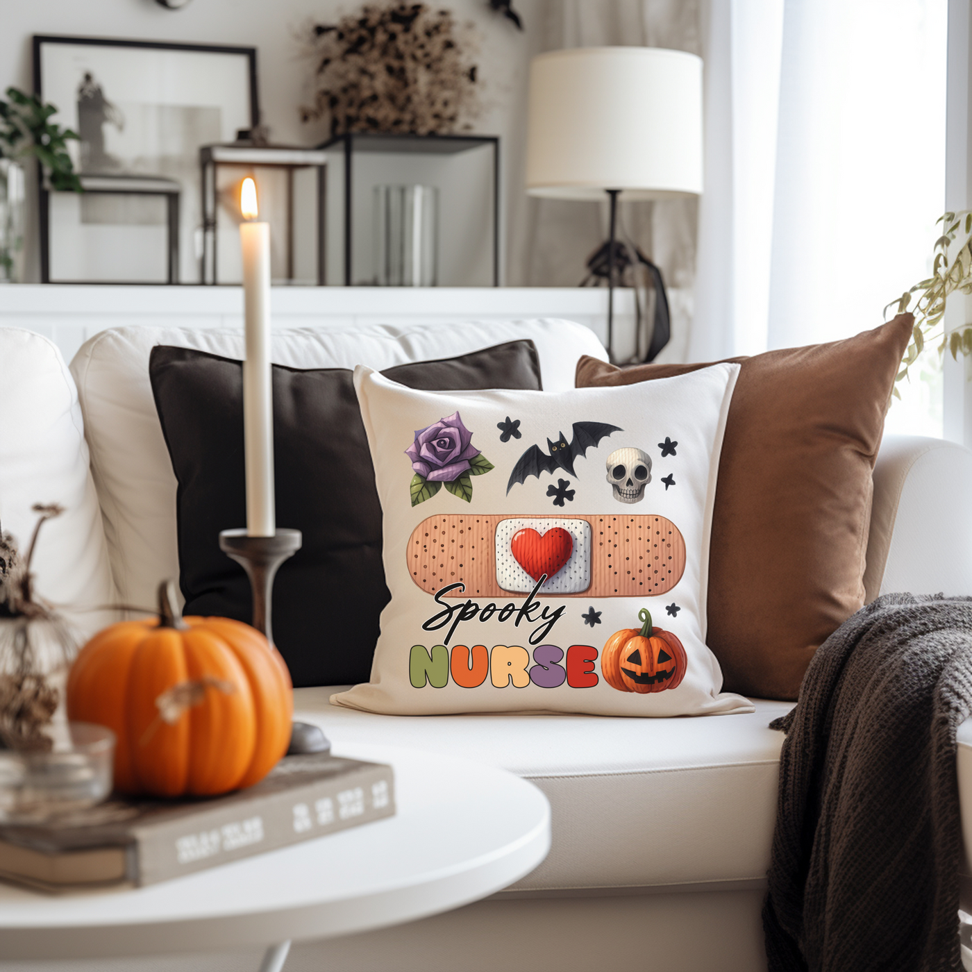 a living room filled with furniture and a candle