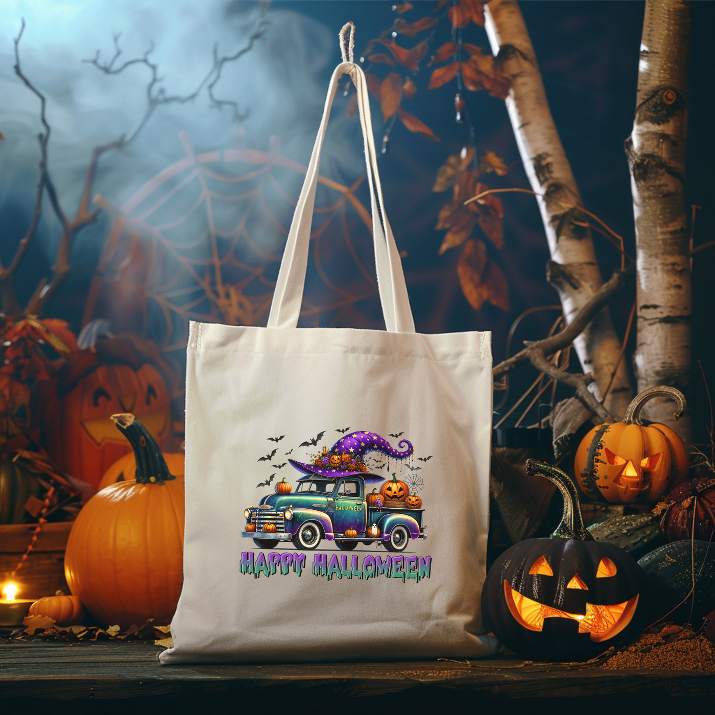 a trick or treat bag sitting next to pumpkins